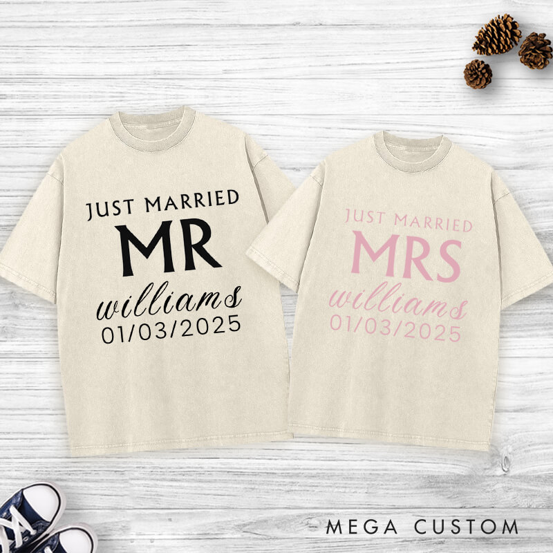 Personalized Minimalist Just Married Mr and Mrs Wedding Couple Washed T-Shirt