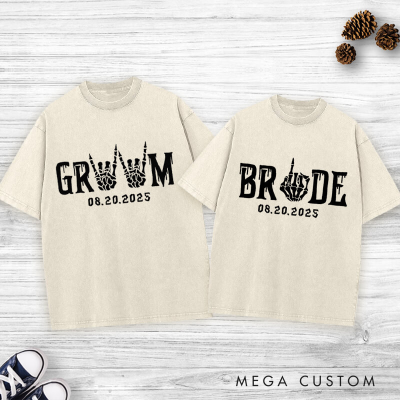 Personalized Funny Gesture Skeleton Bride and Groom Matching Wedding Couple Washed T-Shirt