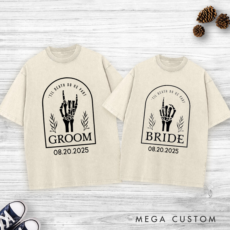 Personalized Skeleton Hand Gestures Garden Bride and Groom Matching Wedding Couple Washed T-Shirt