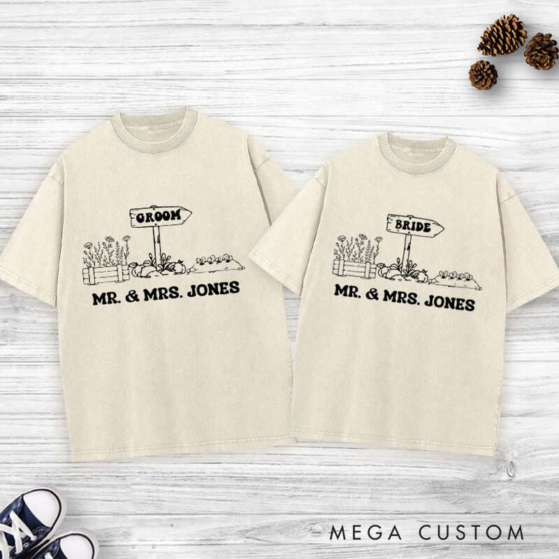 Personalized Rustic Bride anad Groom Countryside Matching Wedding Couple Washed T-Shirt