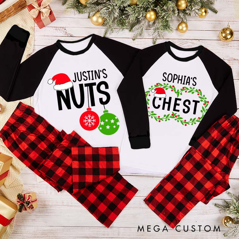 Personalized Couple Nuts and Chest with Christmas Hat Matching Pajamas Christmas Matching Pjs for Husband Wife Boyfriend Girlfriend