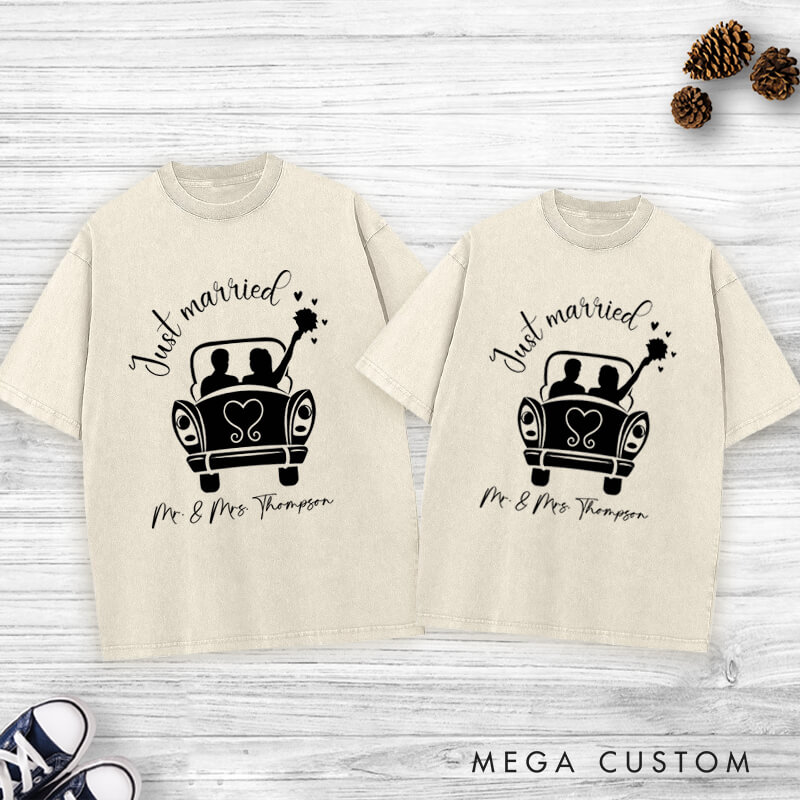 Personalized Romantic Just Married with Wedding Car Wedding Couple Washed T-Shirt