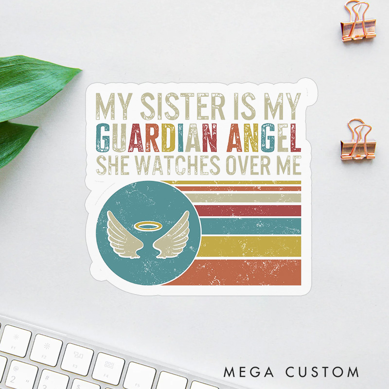 Personalized Sister Memorial Sticker Retro Stripes Guardian Angel Watches Over Sympathy Gift Loss of Sister