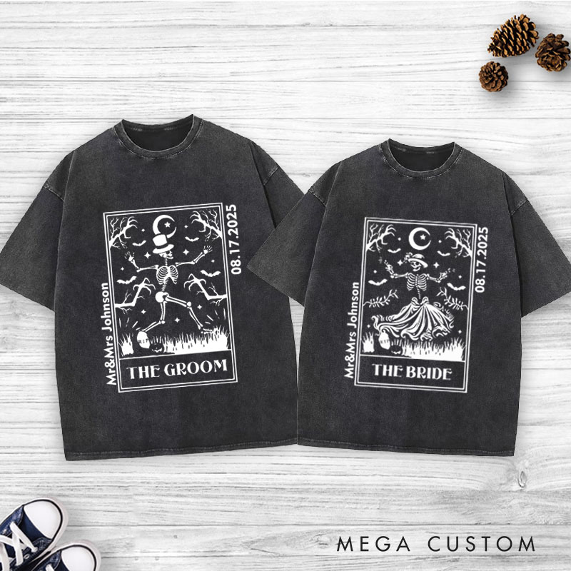 Personalized Whimsical Tarot Card Skeleton Bride and Groom Wedding Couple Washed T-Shirt