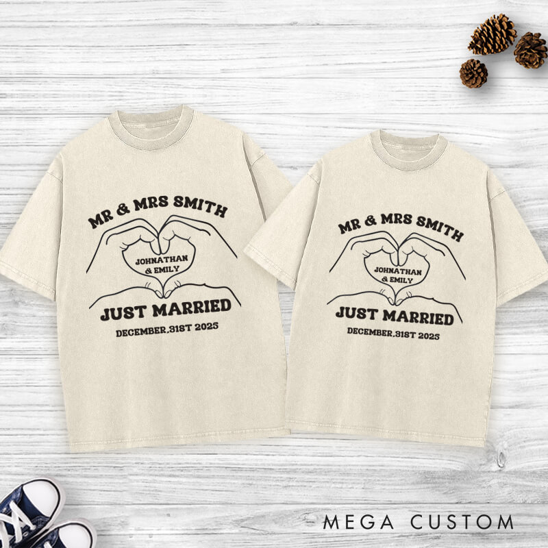 Personalized Heartfelt Gesture Just Married Mr and Mrs Wedding Couple Washed T-Shirt