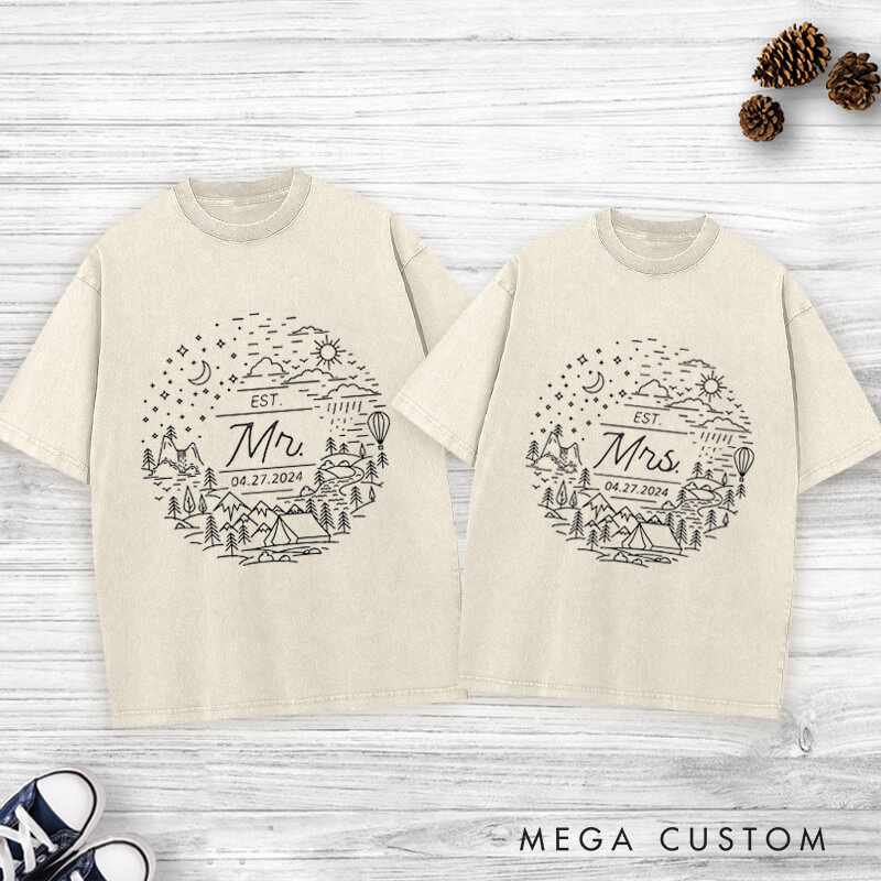 Personalized Charming Mr and Mrs Scenic Adventure Line Art Wedding Couple Washed T-Shirt