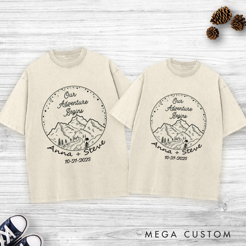 Personalized Rustic Mountain Our Adventure Begins Newlyweds Wedding Couple Washed T-Shirt
