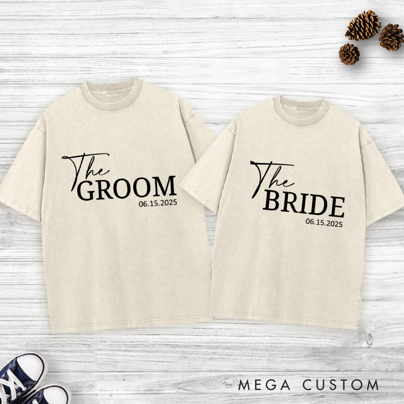 Personalized Minimalist The Bride and The Groom with Date Matching Wedding Couple Washed T-Shirt