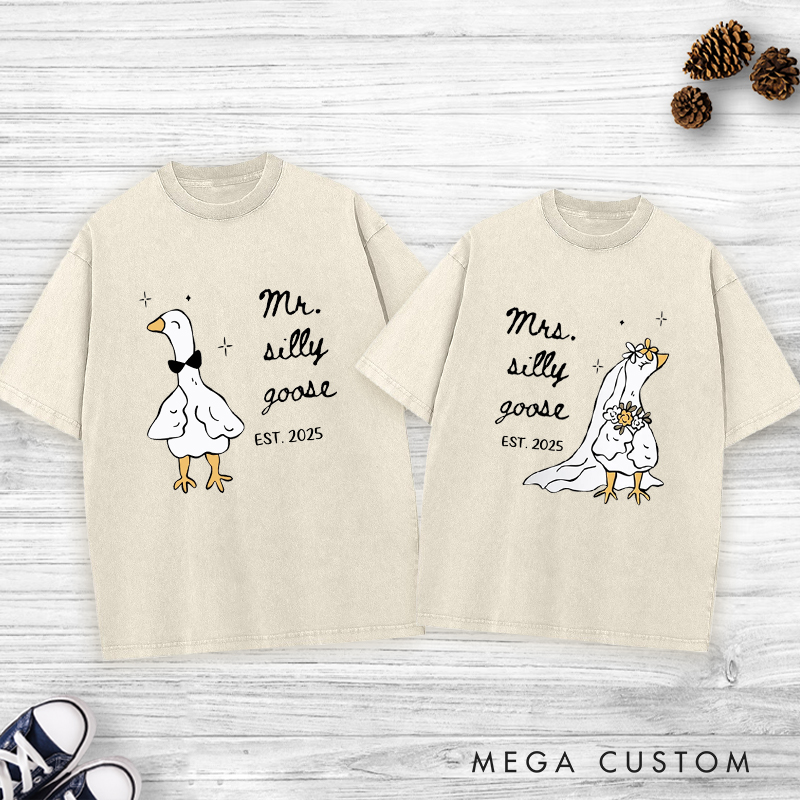Personalized Funny Mr and Mrs Silly Goose Matching Wedding Couple Washed T-Shirt