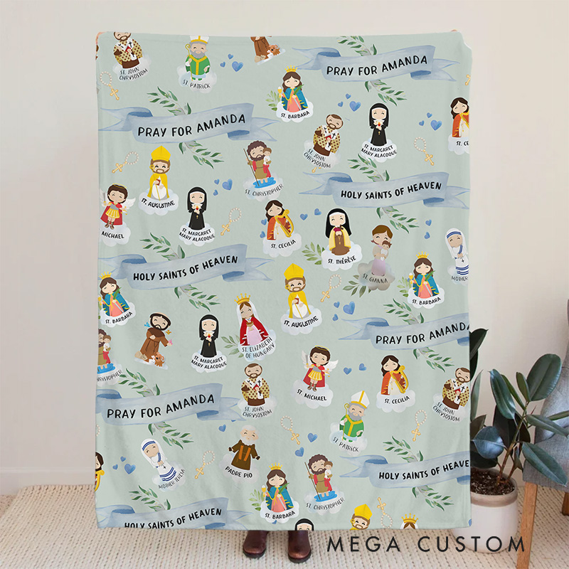 Personalized Holy Saints of Heaven Cartoon Soft Blanket with Name Religion Home Decor Prayer Gift for Kids Catholics