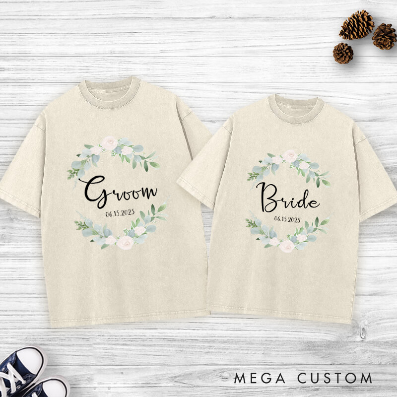 Personalized Elegant Floral Wreath Bride and Groom Matching Wedding Couple Washed T-Shirt