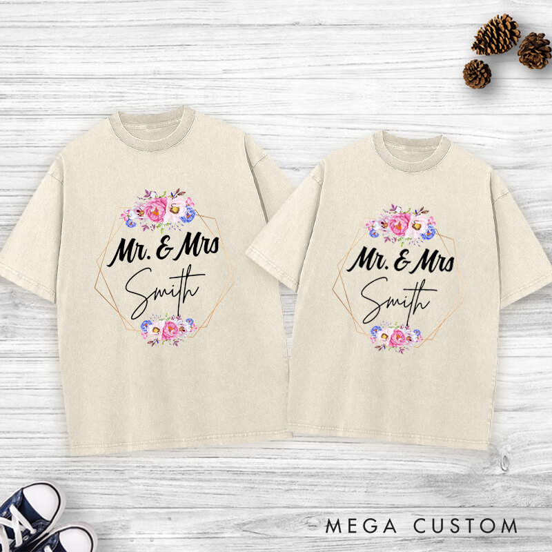 Personalized Geometric Frame with Watercolor Floral Mr and Mrs Wedding Couple Washed T-Shirt