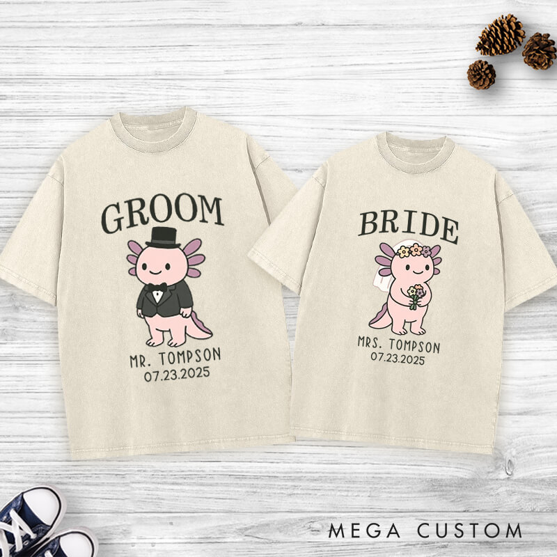 Personalized Cute Bride and Groom Axolotl Wedding Couple Washed T-Shirt