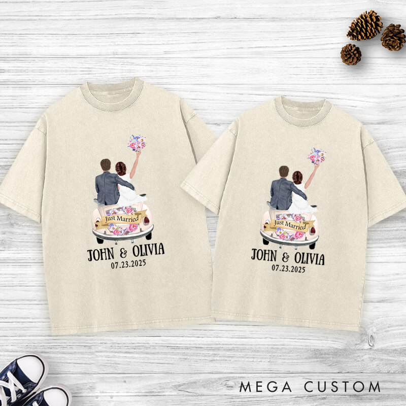 Personalized Romantic Just Married Getaway Car Wedding Couple Washed T-Shirt
