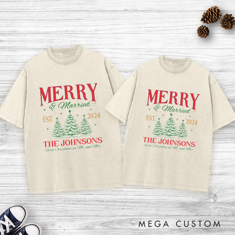 Personalized Joyful Merry and Married the First Christmas as Mr and Mrs Washed T-Shirt