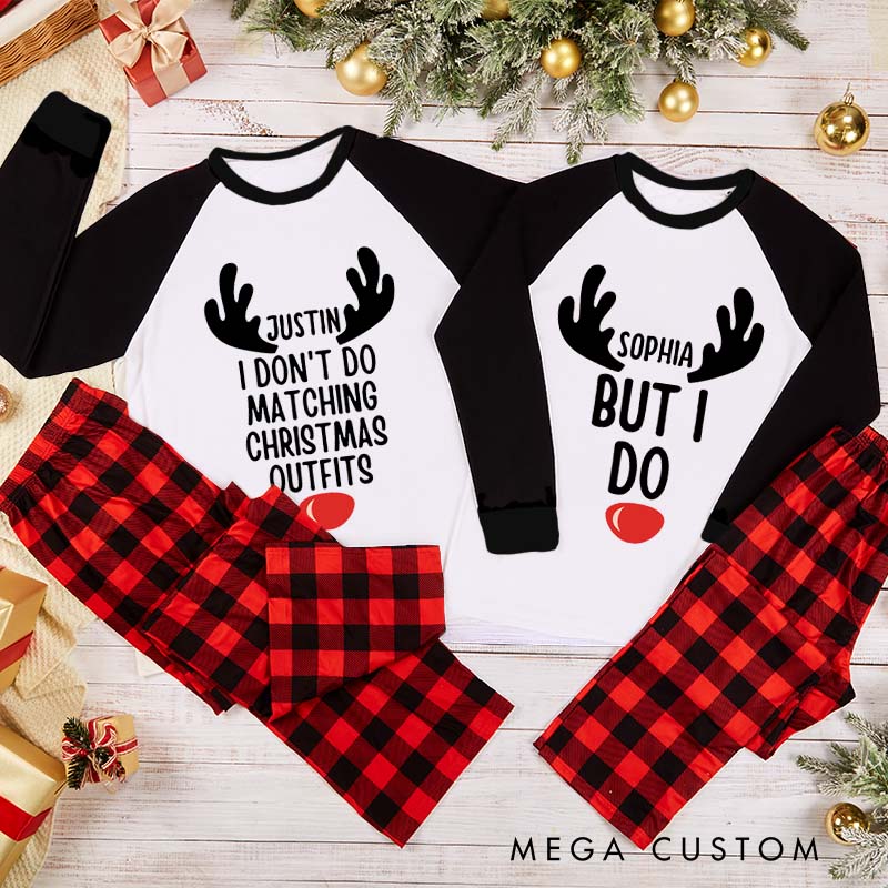 Personalized I Don't Do Matching Christmas Outfits But I Do with Antlers Pajamas Couple Christmas Matching Pjs for Husband Wife Boyfriend Girlfriend