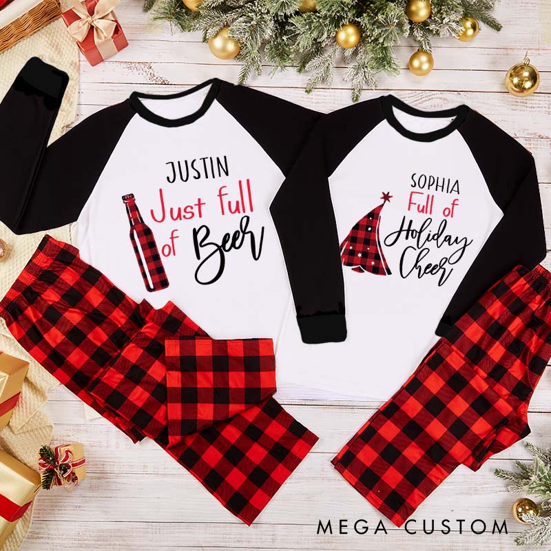 Personalized Couple Just Full of Beer and Full of Holiday Cheer Xmas Pajamas Christmas Matching Pjs for Husband Wife Boyfriend Girlfriend
