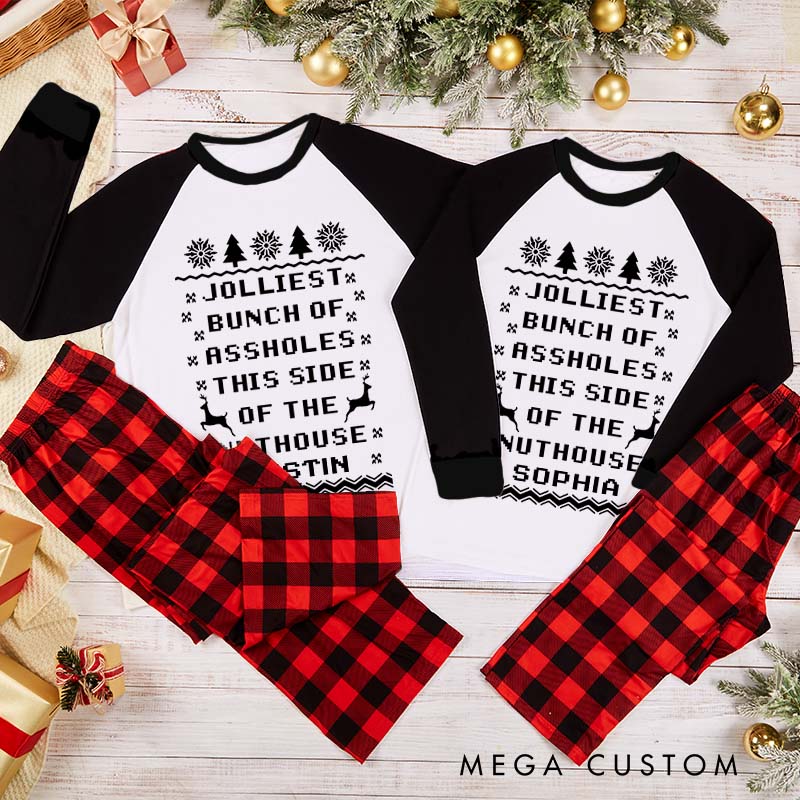 Personalized Couple Jolliest Bunch of Assholes This Side of the Nuthouse Xmas Pajamas Christmas Matching Pjs for Husband Wife Boyfriend Girlfriend