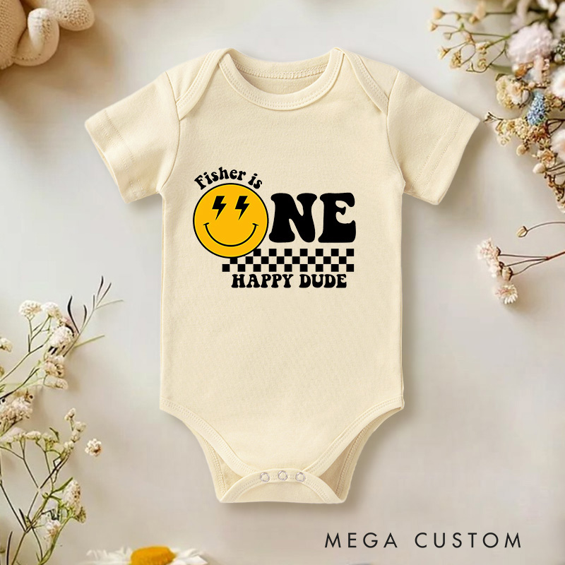 Personalized One Happy Dude Birthday Smiley Face Baby Onesie Birthday Gift for Baby