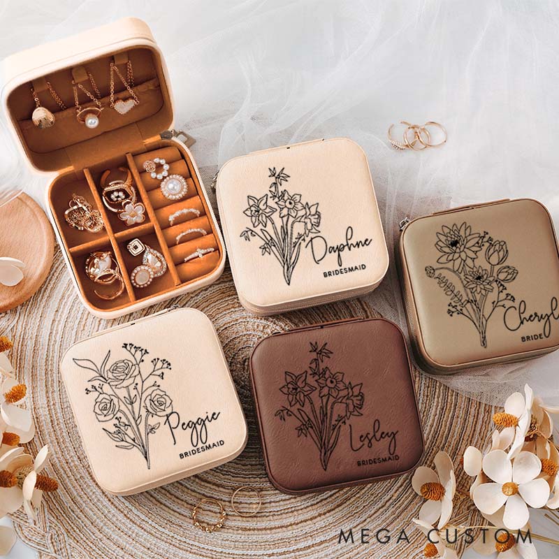 Personalized Briedsmaid Birth Flower Jewelry Box Bride Moth Flower Jewelry Box Bachelorette Party Ring Box