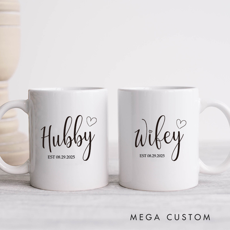 Personalized Hubby & Wifey Mug Couple Anniversary Mug for Her Him Ceramic Cup for Couple Newlyweds