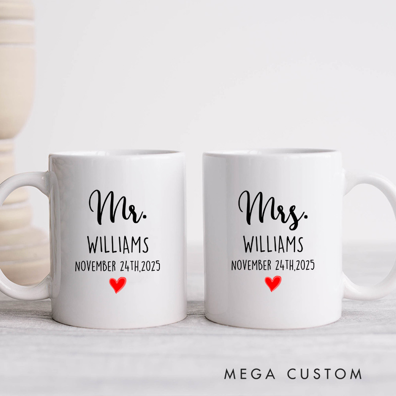 Personalized Mr & Mrs Wedding Date Mug with Heart Accent Couple Coffee Cup for Her Him Ceramic Cup for Couple Newlyweds