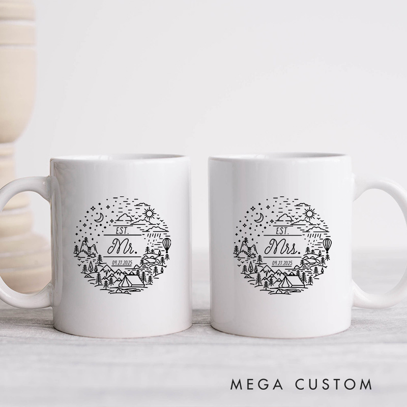 Personalized Adventure Mr & Mrs Mug Wedding Coffee Cup for Her Him Ceramic Mug for Couple Newlyweds