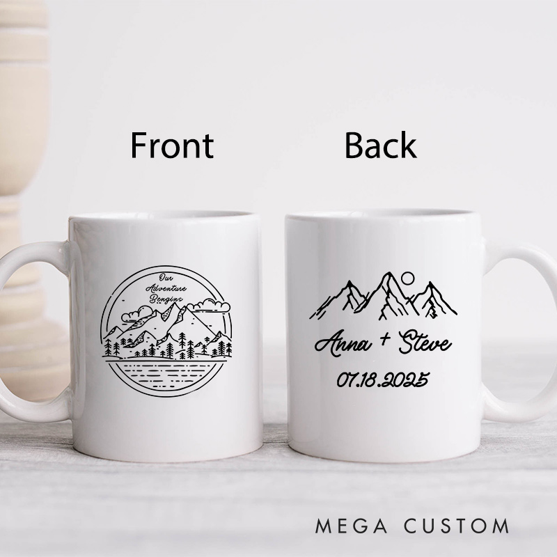 Personalized Couple Adventure Begins Mug Ceramic Coffee Cup for Husband Wife Anniversary Couple Mug for Newlyweds