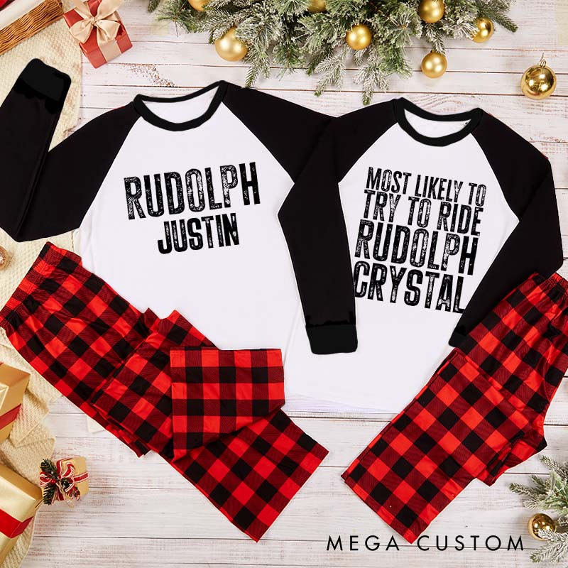 Personalized Couple Retro Rudolph and Most Likely to Try to Ride Rudolph Xmas Pajamas Christmas Matching Pjs for Husband Wife Boyfriend Girlfriend