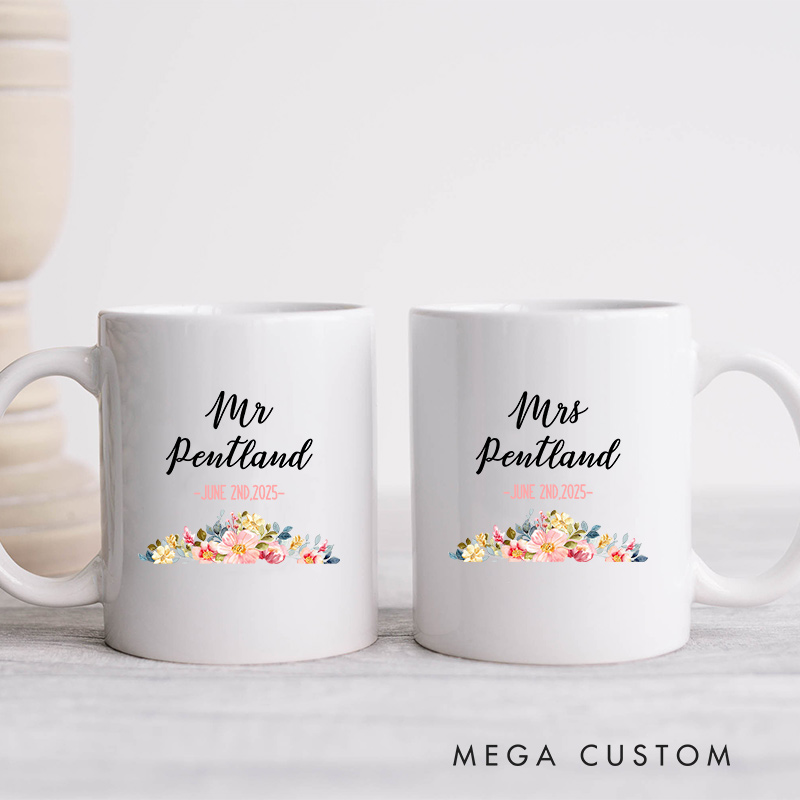 Personalized Floral Mr & Mrs Wedding Mug Ceramic Coffee Cup for Husband Wife Anniversary Couple Mug for Newlyweds