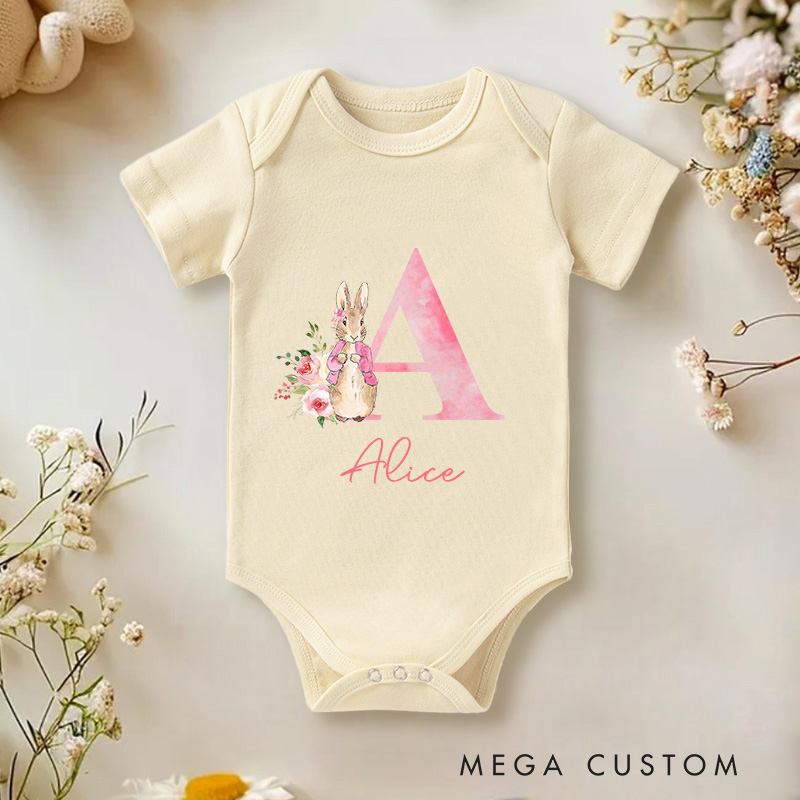 Personalized Pink Rabbit Initial Baby Onesie  New Girl Gift Coming Home Gift 