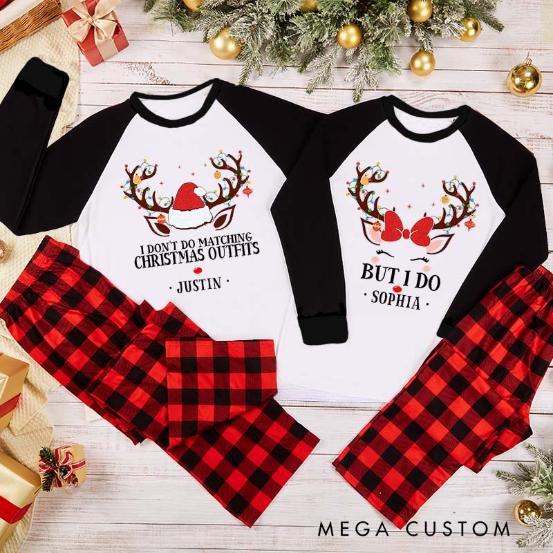 Personalized Couple I Don’t Do Matching Christmas Outfits But I Do Xmas Pajamas Christmas Reindeer Antlers Matching Pjs for Husband Wife