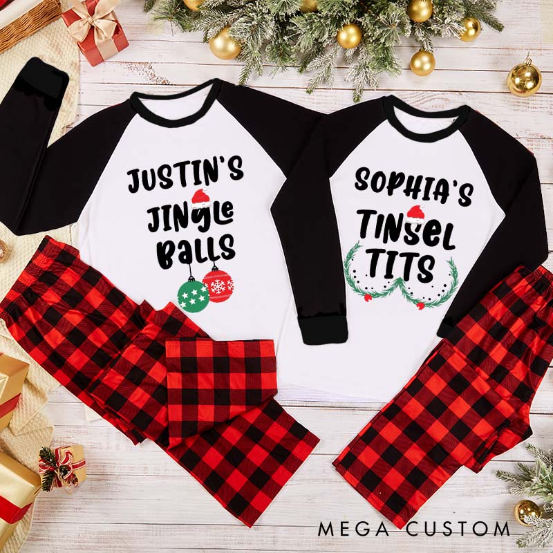 Personalized Couple Funny Jingle Balls and Tinsel Tits Xmas Pajamas Christmas Humor Matching Pjs for Husband Wife Boyfriend Girlfriend