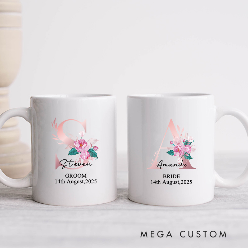 Personalized Floral Initial Wedding Mug Groom Bride Ceramic Coffee Cup for Husband Wife Wedding Couple Mug for Newlyweds