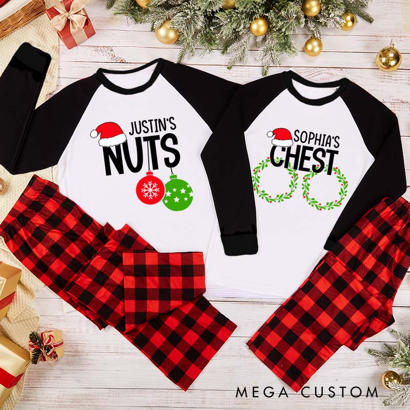 Personalized Funny Couple Nuts and Chest Xmas Matching Pajamas with Name Christmas Humor Matching Pjs for Husband Wife Boyfriend Girlfriend