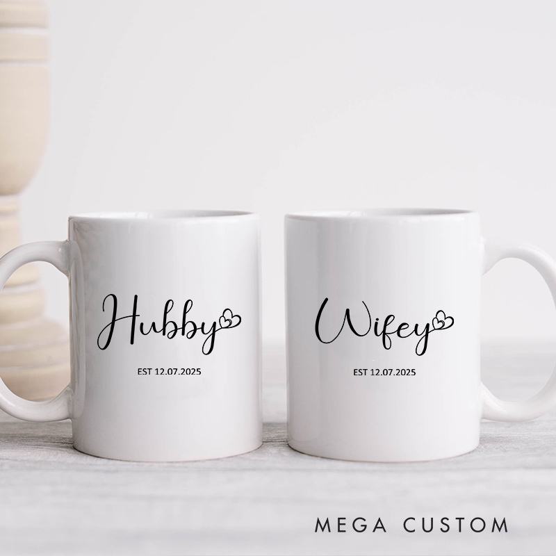 Personalized Hubby & Wifey Wedding Mug Couple Ceramic Mug for Husband Wife Newlywed Present Mug Anniversary Gift