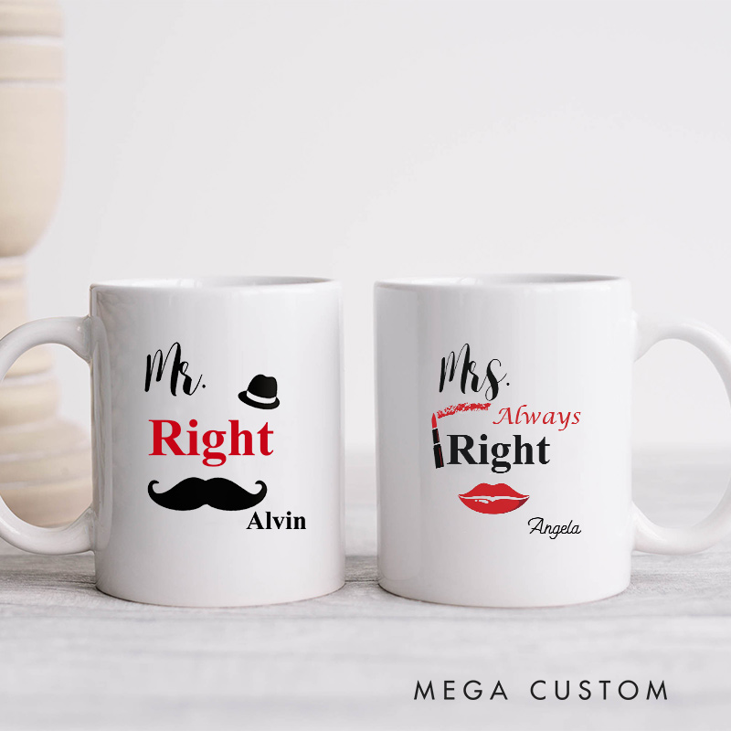 Personalized Mr. Right & Mrs. Always Right Mug Couple Ceramic Mug for Husband Wife Anniversary Gift Mug for Newlywed