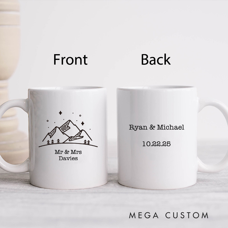 Personalized Mountain Adventure Wedding Mug Coffee Mug for Husband Wife Couple Ceramic Mug for Newlywed Couple Anniversary Gift