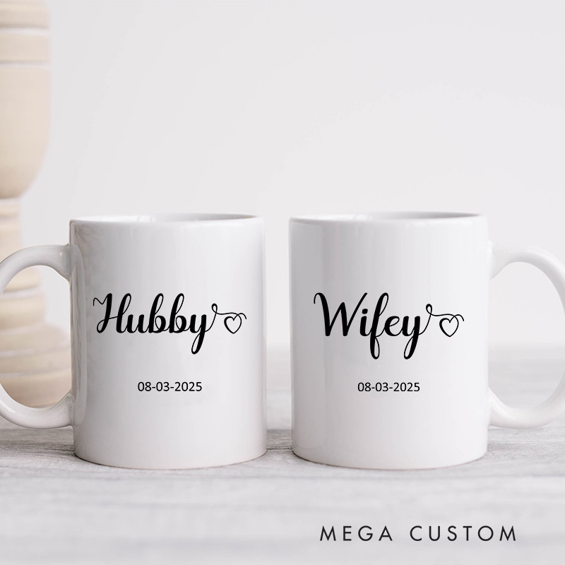 Personalized Hubby & Wifey Wedding Mug Ceramic Coffee Mug for Husband Wife Couple Anniversary Cup for Newlywed