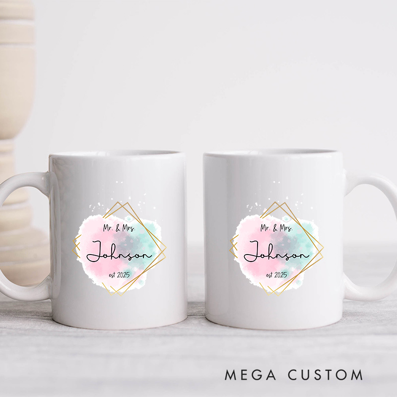 Personalized Mr. & Mrs. Watercolor Wedding  Mug Ceramic Coffee Mug for Newlywed Husband Wife Coffee Cup Couple Anniversary Cup