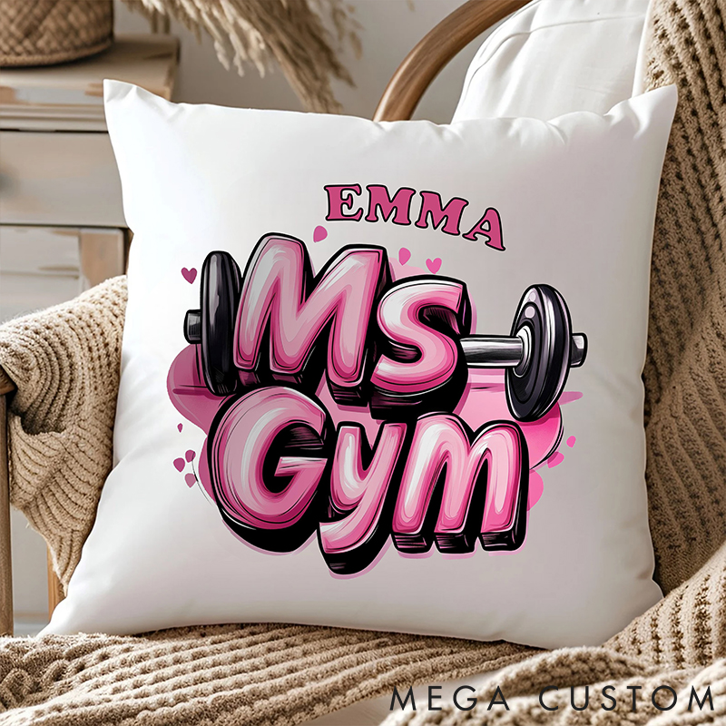 Personalized Ms Gym Pillow with Dumbell Fitness Design for Fitness Enthusiasts Bodybuilders and Gym Lovers