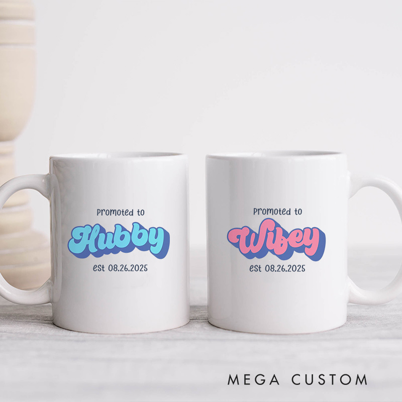Personalized Promoted to Hubby & Wifey Mugs Humors Coffee Mug for Couple Husband Wife Coffee Cup Newlywed Anniversary Cup