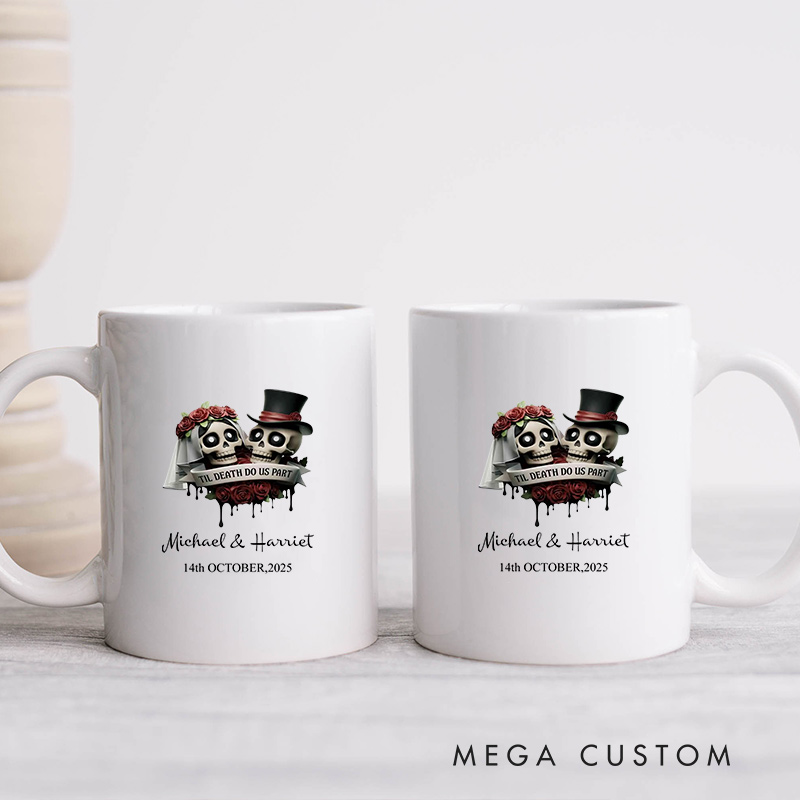 Personalized Couple Mug Til Death Do Us Part Wedding Mug Gothic Skeleton Groom Bride Mug Newlyweds Coffee Cup for Husband Wife