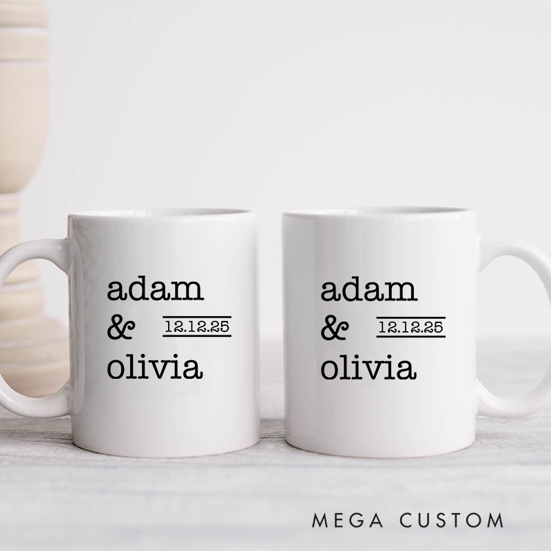 Personalized Minimalist Couple Name & Date Mug Ceramic Wedding Mug for Newlyweds Coffee Cup for Husband Wife Girlfriend Boyfriend