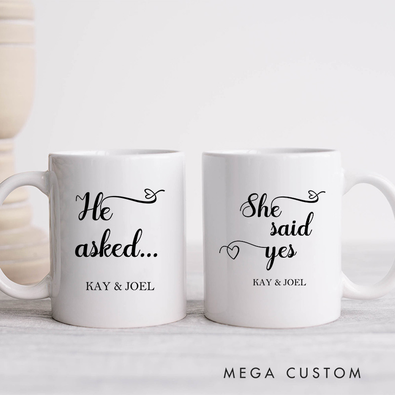 Personalized Couple Engagement Mug He Asked She Said Yes Wedding Mug for Newlyweds Coffee Cup for Husband Wife
