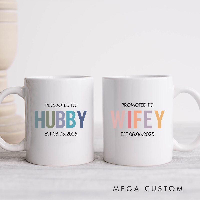 Personalized Promoted to Hubby & Wifey Mug Couple Wedding Mug for Her Him Newlyweds Coffee Cup for Husband Wife