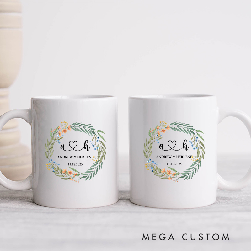 Personalized Floral Initials Couple Mug Couple Wedding Mug for Her Him Newlyweds Coffee Cup for Husband Wife Couple Anniversary Gift Mug