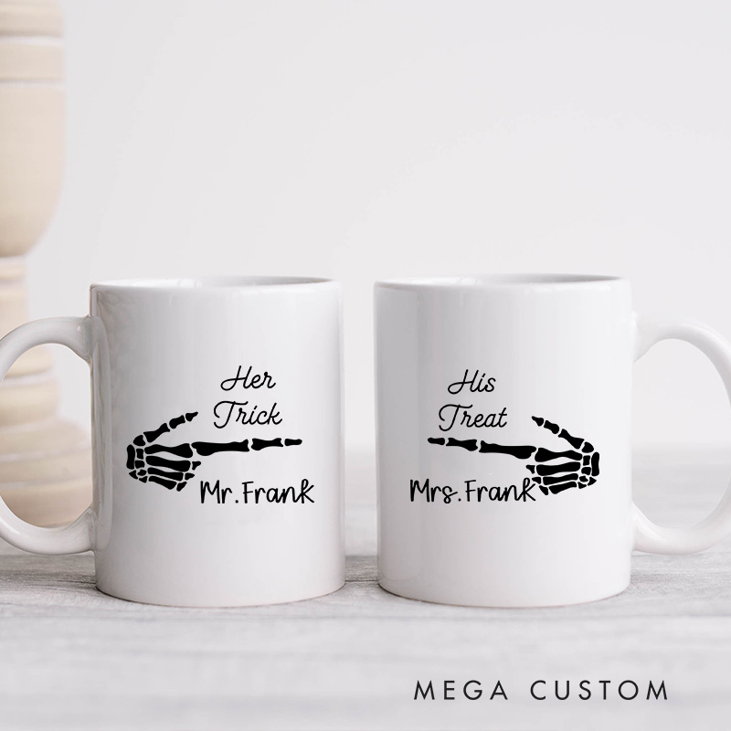 Personalized Her Trick & His Treat Halloween Couple Mugs Couple Coffee Mug for Newlyweds Halloween Coffee Cup for Husband Wife