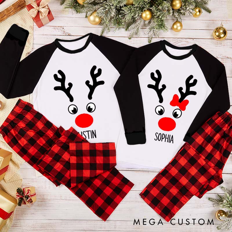 Personalized Couple Christmas Reindeer Xmas Pajamas with Name Christmas Matching Pjs for Husband Wife Boyfriend Girlfriend