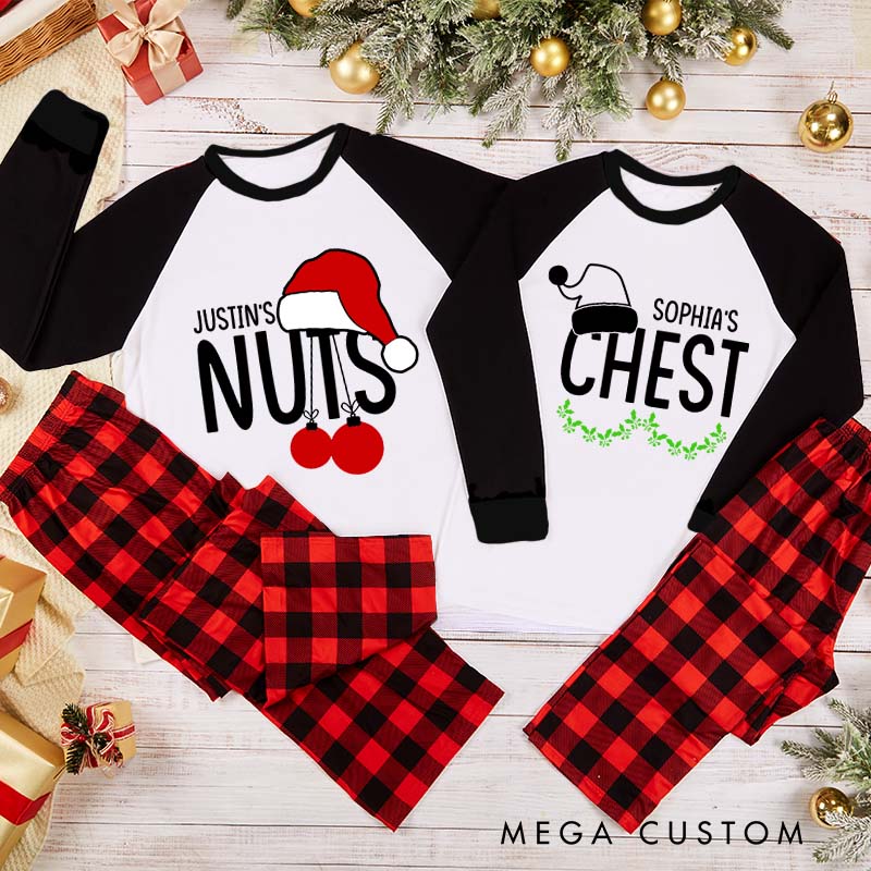 Personalized Cheeky Couple Christmas Nuts and Chest Xmas Pajamas with Name Christmas Matching Pjs for Husband Wife Boyfriend Girlfriend